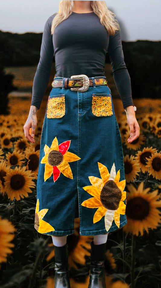 SUNFLOWER PATCHWORK DENIM SKIRT