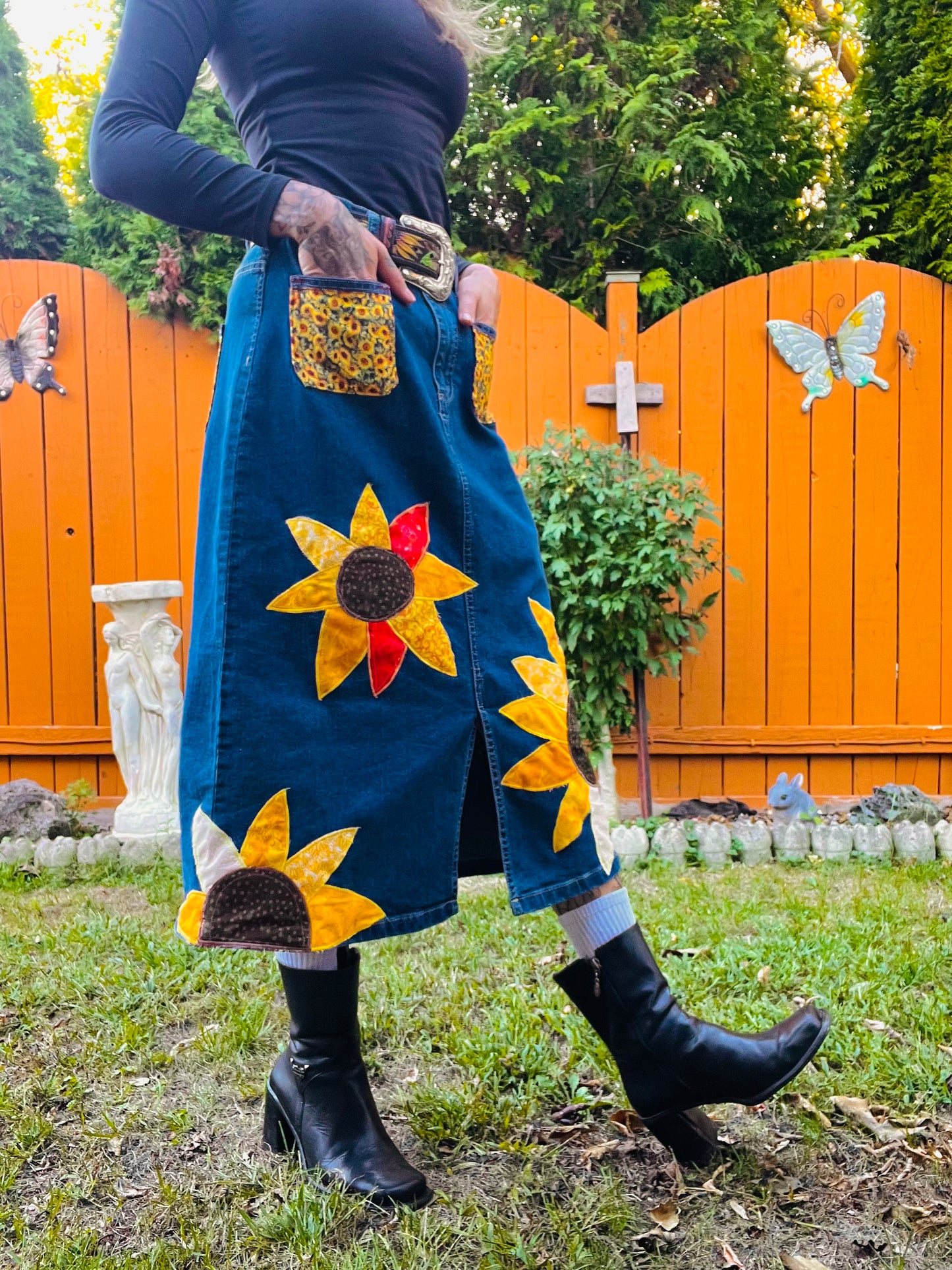SUNFLOWER PATCHWORK DENIM SKIRT