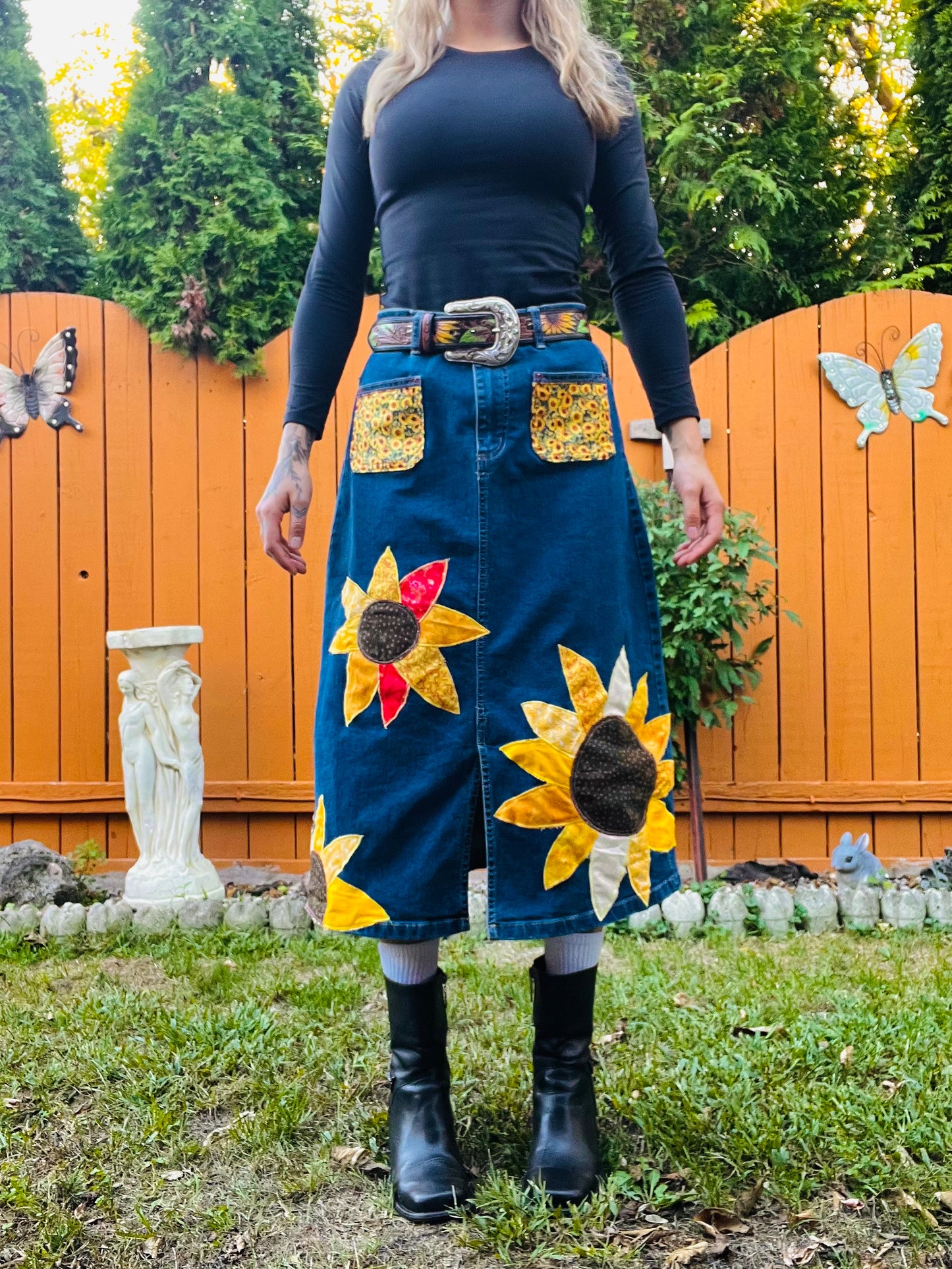 SUNFLOWER PATCHWORK DENIM SKIRT