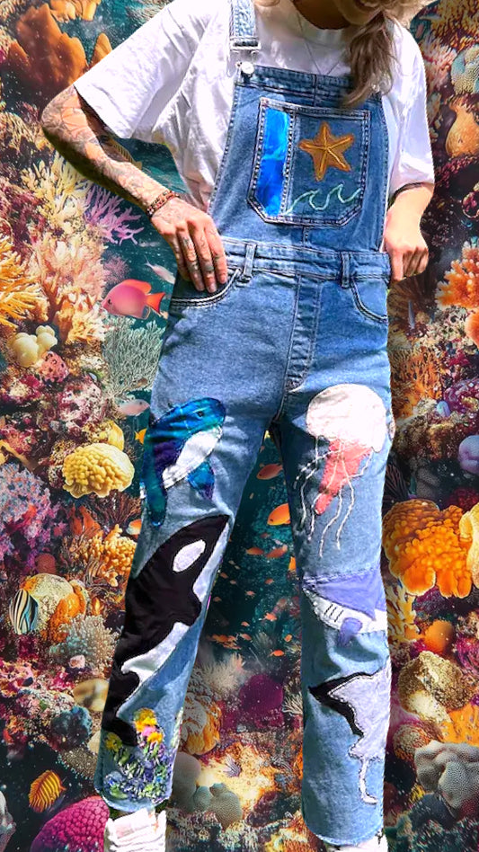 OCEAN PATCHWORK DENIM OVERALLS
