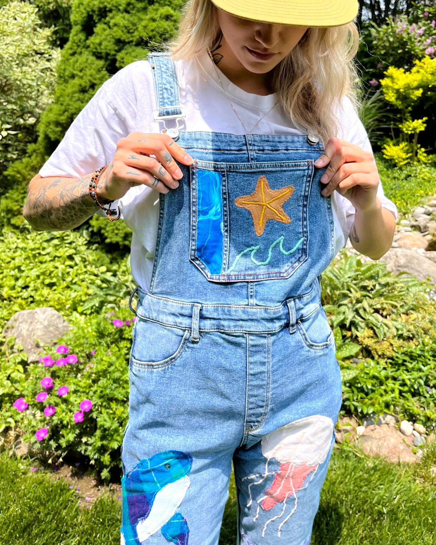 OCEAN PATCHWORK DENIM OVERALLS