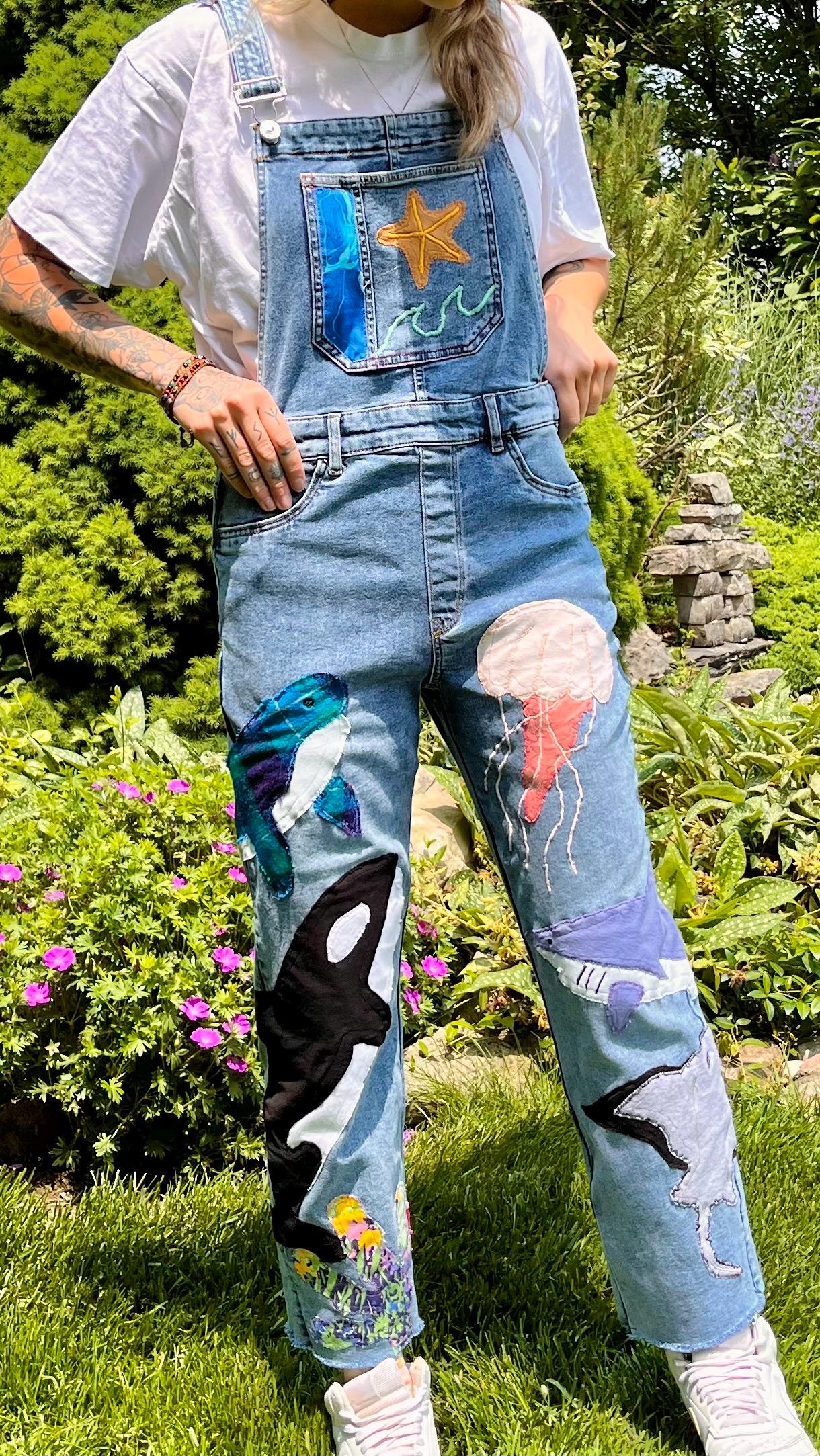 OCEAN PATCHWORK DENIM OVERALLS