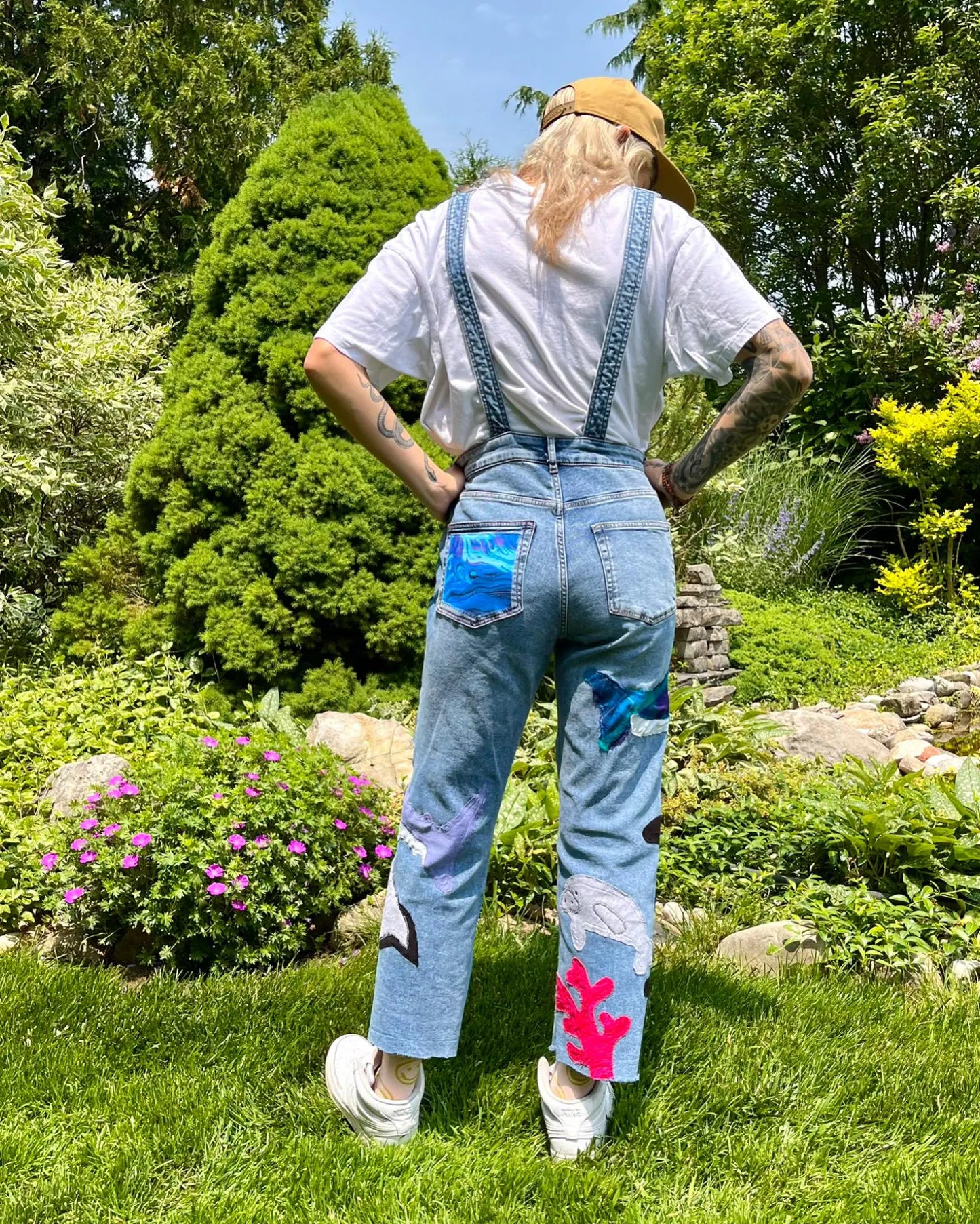 OCEAN PATCHWORK DENIM OVERALLS